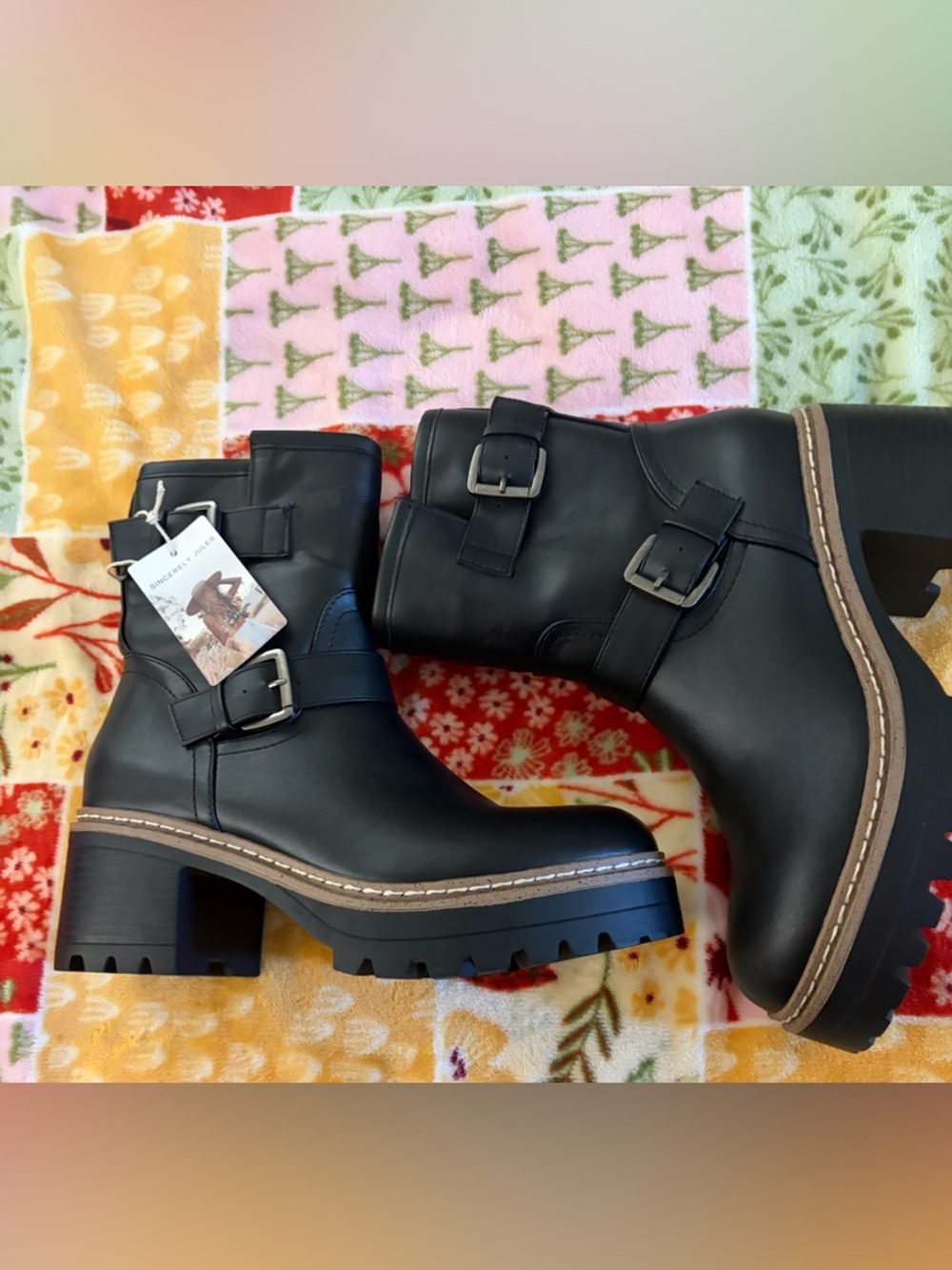 ❤️Sincerly Jules Esprit Black Buckle Lug Heel Ankle Boots New size 8.5